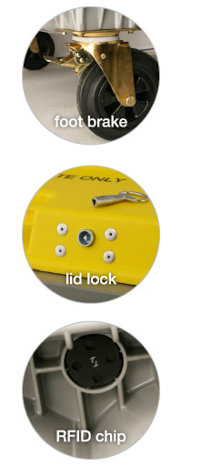 container features - foot brake, lid lock, RFID chip