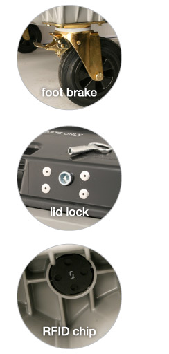container features - foot brake, lid lock, RFID chip
