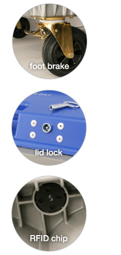 container features - foot brake, lid lock, RFID chip